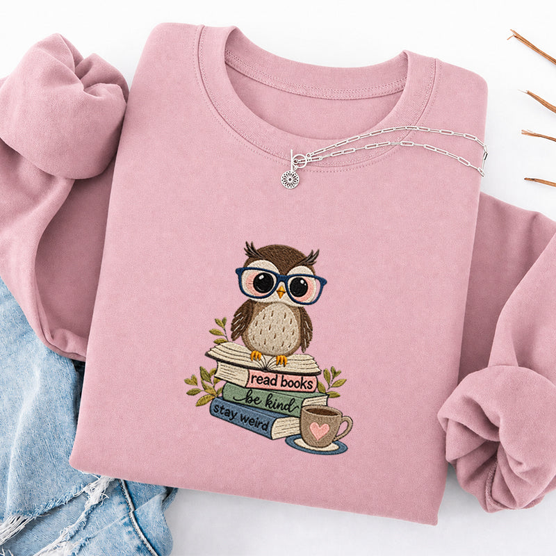 Embroidered Read Books Be Kind Owl Classic Crewneck Sweatshirt