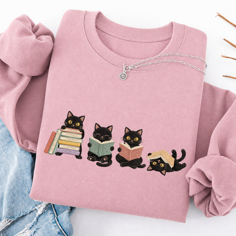 Embroidered Cat Reading Classic Crewneck Sweatshirt