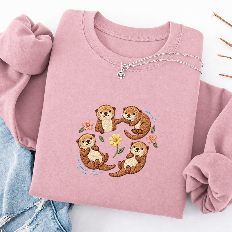 Embroidered Sea Otters And Flowers Classic Crewneck Sweatshirt