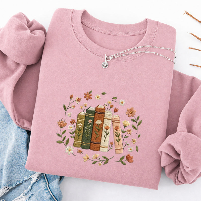 Embroidered Floral Book Stack Classic Crewneck Sweatshirt