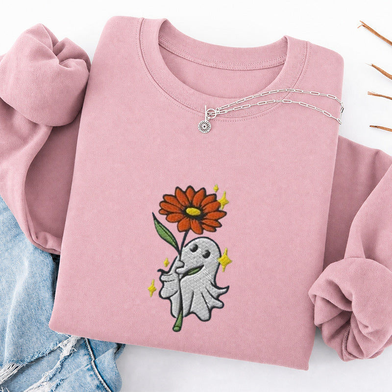 Embroidered Ghost Holding a Flower Classic Crewneck Sweatshirt