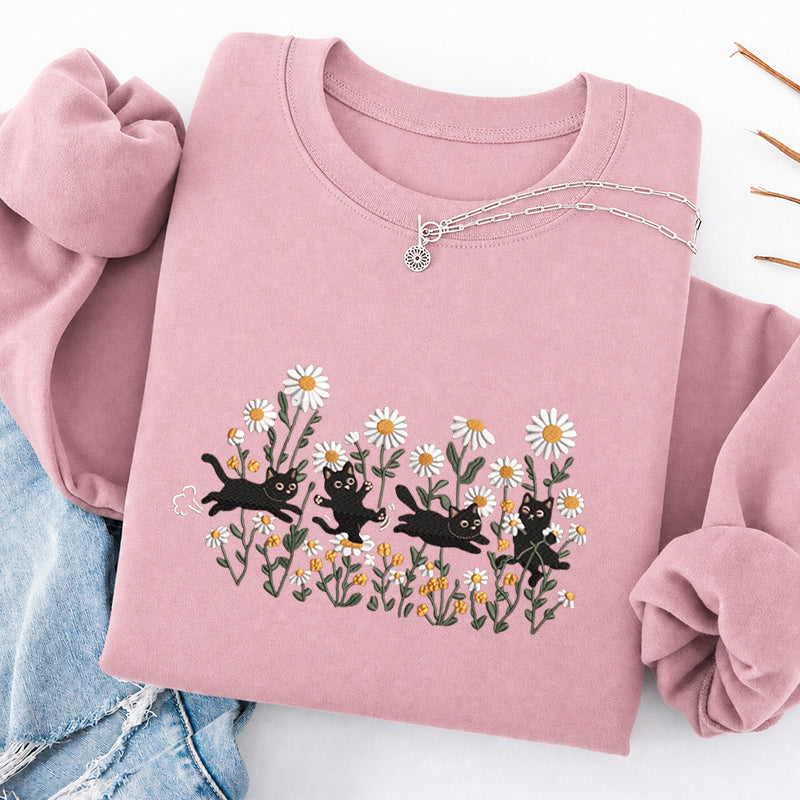 Embroidered Garden Playing Cats Daisy Classic Crewneck Sweatshirt