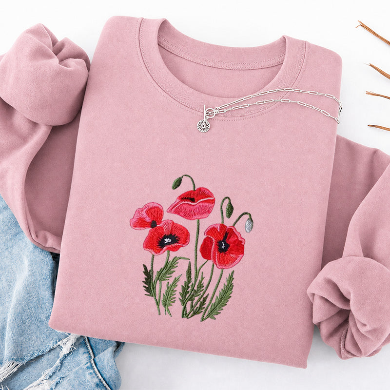 Embroidered Poppy Flower Classic Crewneck Sweatshirt
