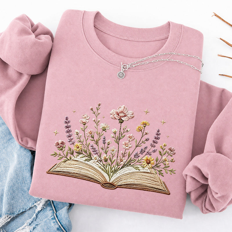 Embroidered Floral Book Classic Crewneck Sweatshirt