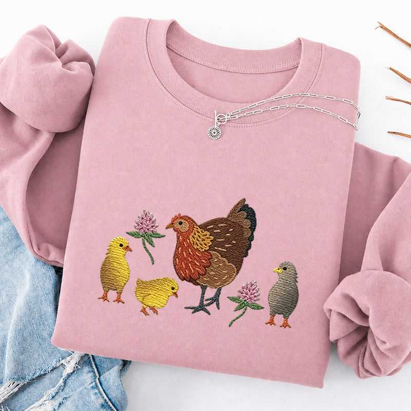 Embroidered Hen & Chicks Classic Crewneck Sweatshirt
