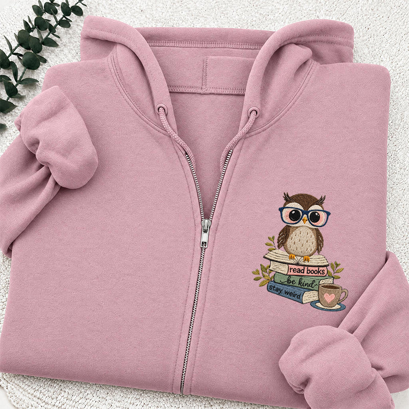 Embroidered Read Books Be Kind Owl Classic Full Zip Hoodie