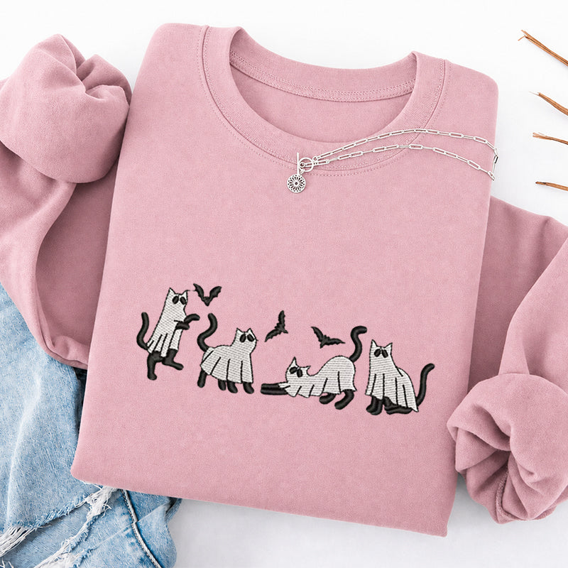 Embroidered Funny Cat Ghosts Classic Crewneck Sweatshirt