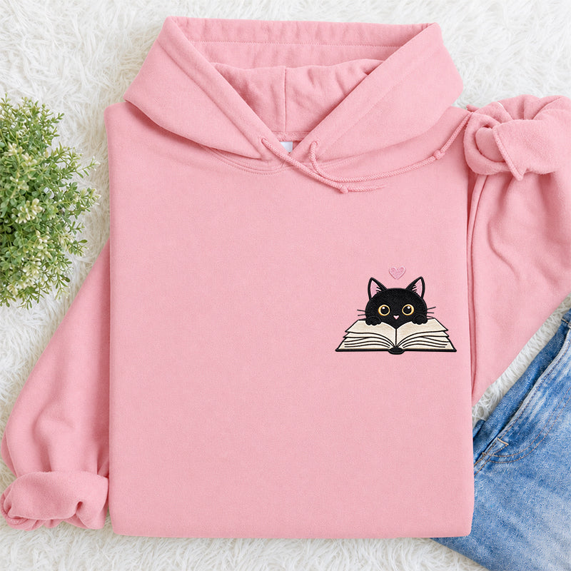 Embroidered Reading Black Cat Classic Adult Unisex Hoodie