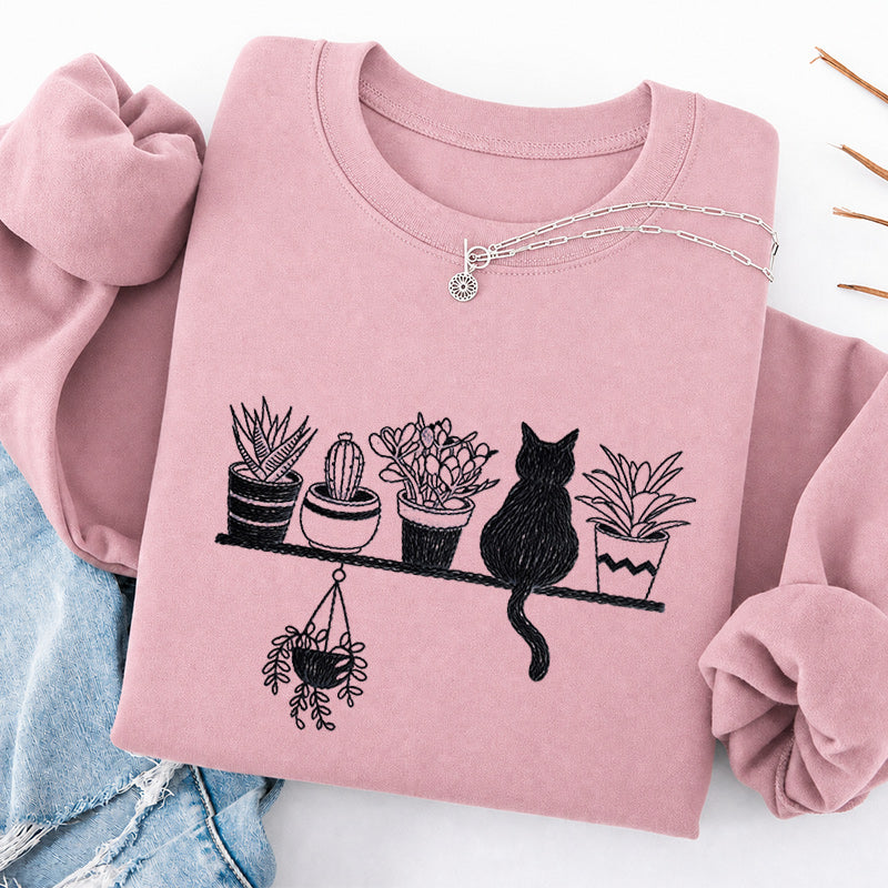 Embroidered Cats And Plants Classic Crewneck Sweatshirt