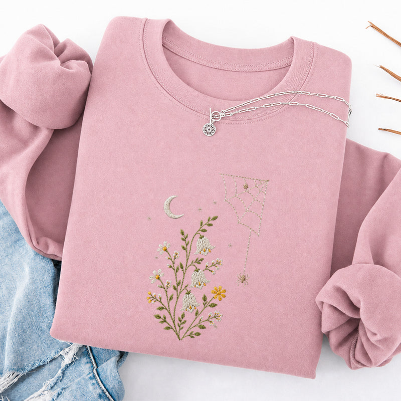 Embroidered Floral Spider Web Classic Crewneck Sweatshirt