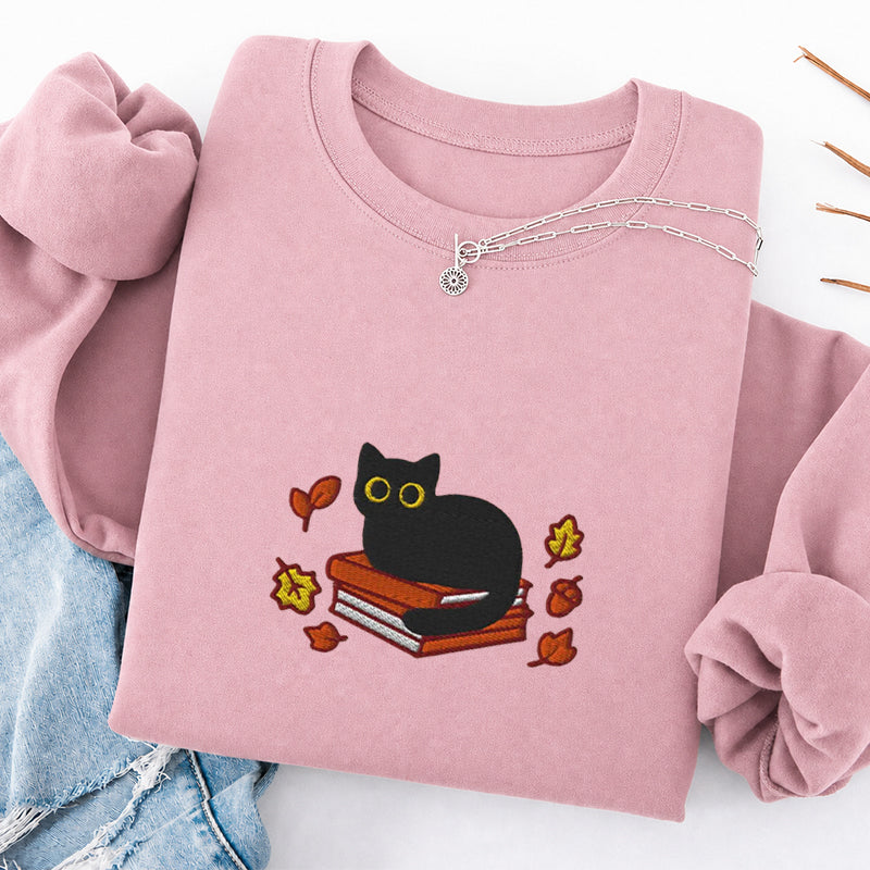 Embroidered Autumn Black Cat Book Classic Crewneck Sweatshirt