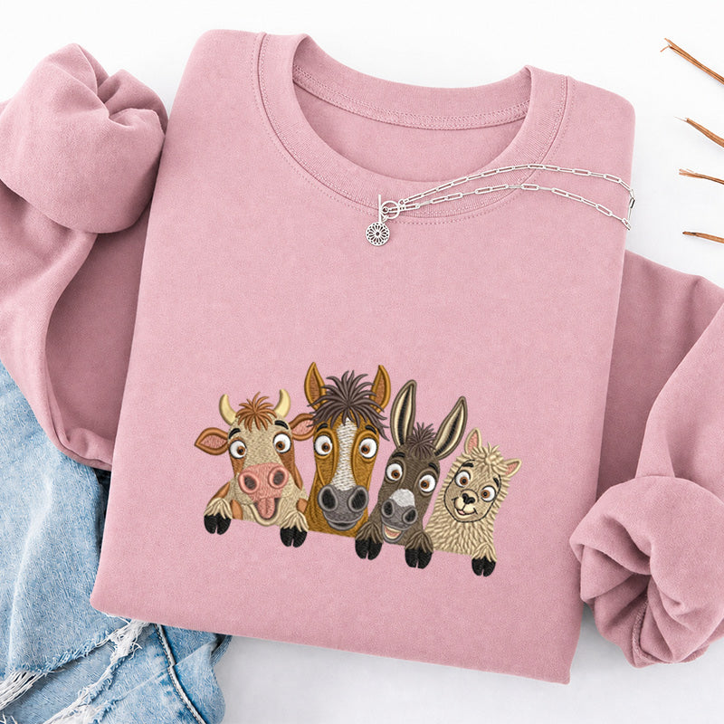 Embroidered Peeking Farm Animals Classic Crewneck Sweatshirt