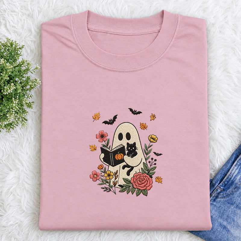 Embroidered Floral Ghost Reading Classic Crew Neck T-Shirt