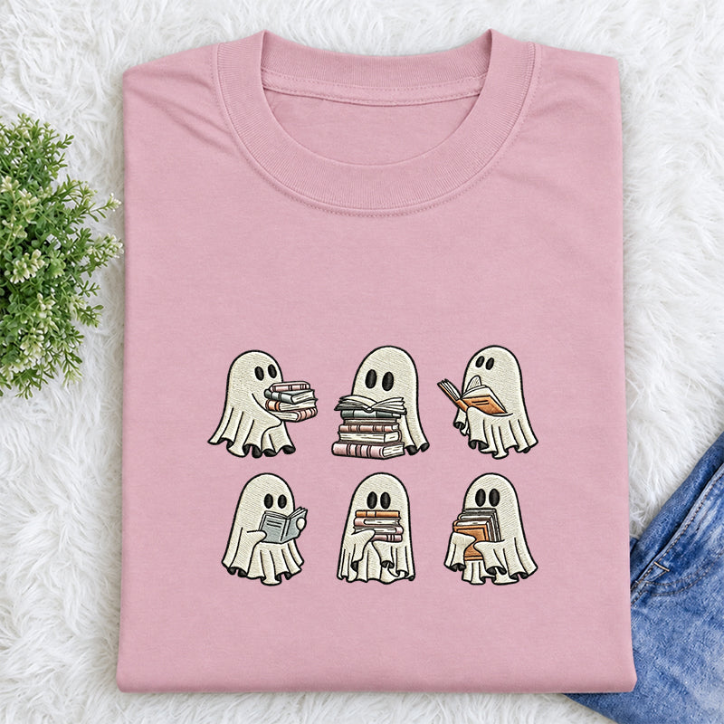 Embroidered Halloween Ghost Book Classic Crew Neck T-Shirt