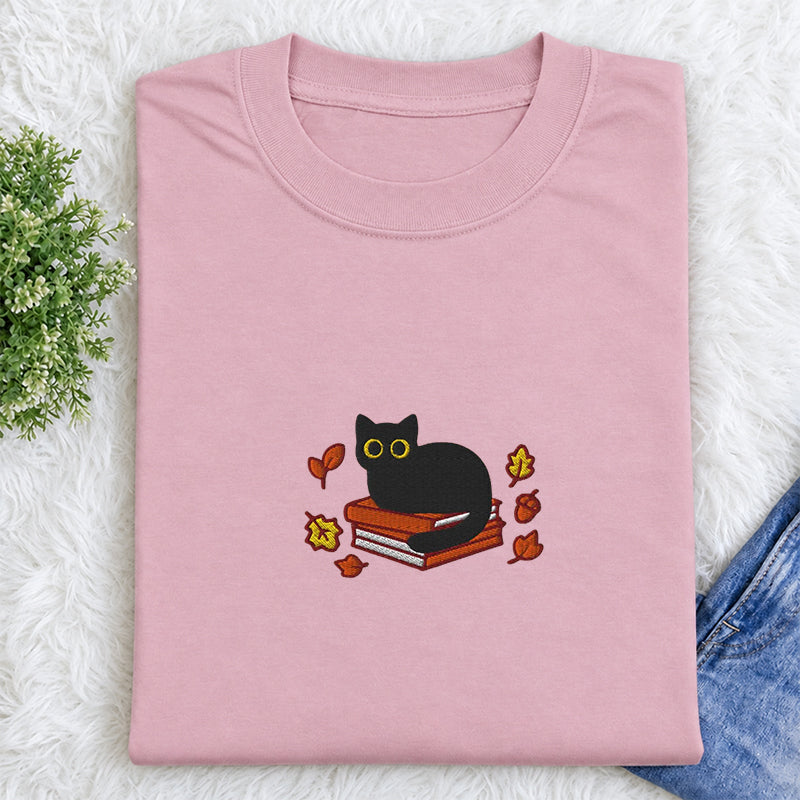 Embroidered Autumn Black Cat Book Classic Crew Neck T-Shirt