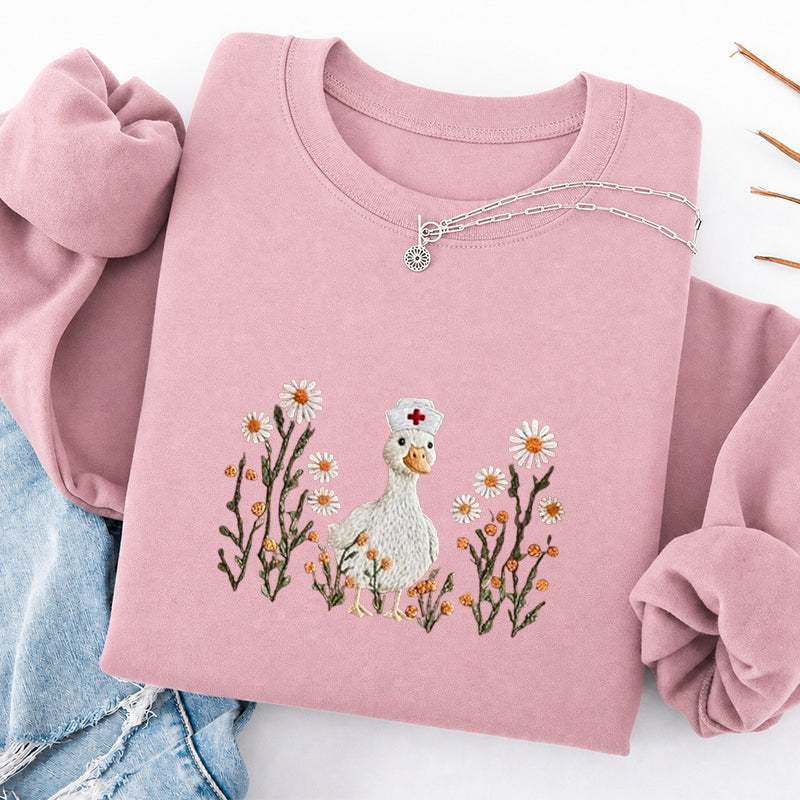 Embroidered Daisy Nurse Goose Classic Crewneck Sweatshirt