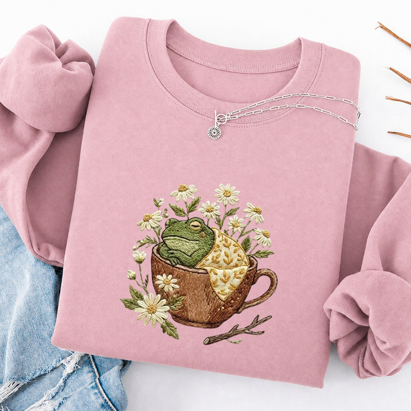 Embroidered Frog in Teacup Classic Crewneck Sweatshirt