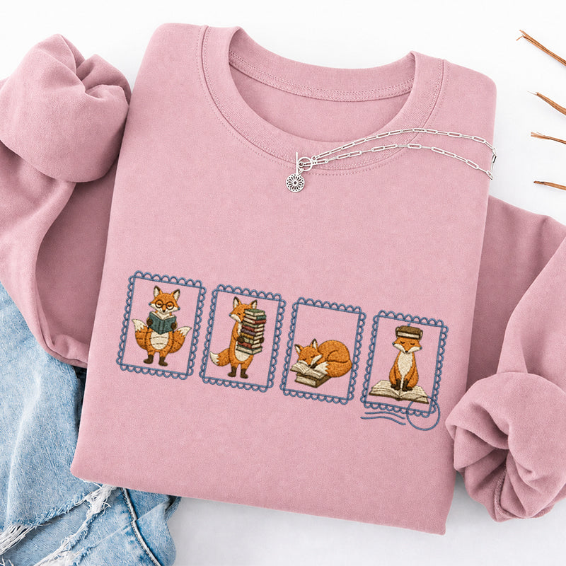 Embroidered Bookish Fox Stamp Classic Crewneck Sweatshirt