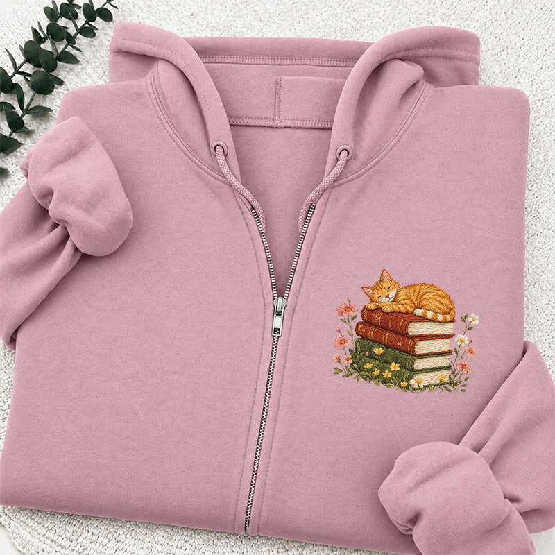 Embroidered Cat Sleeping On Books Classic Full Zip Hoodie