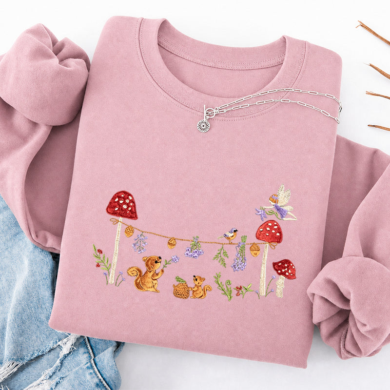 Embroidered Squirrel Woodland Fairy Tale Classic Crewneck Sweatshirt