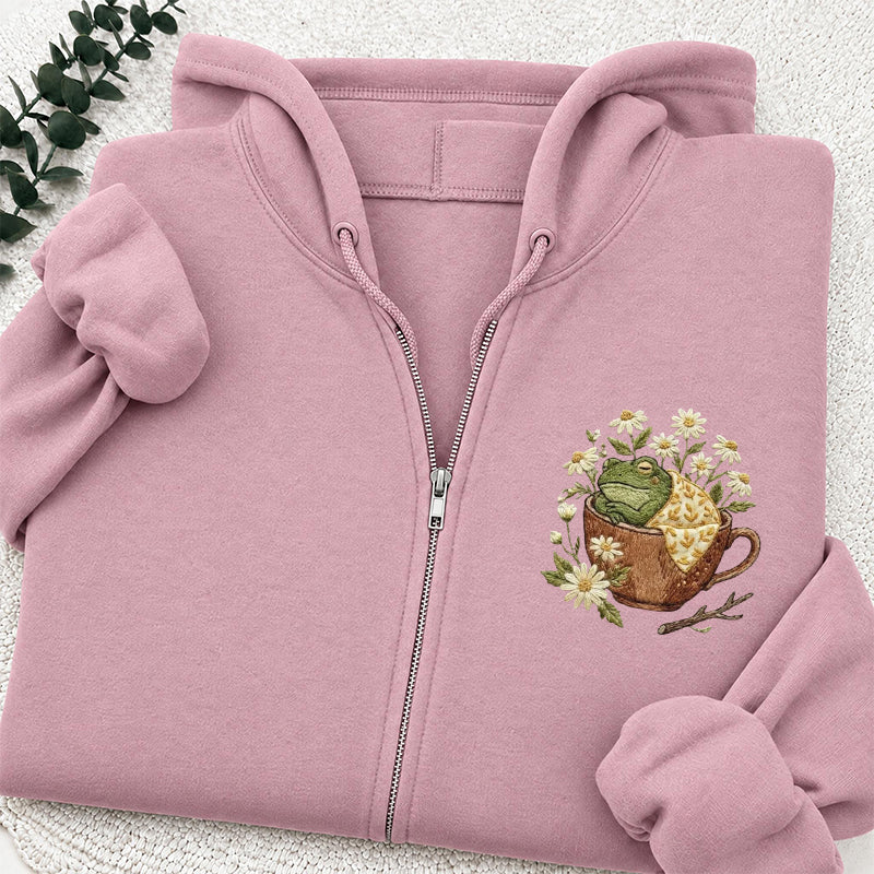Embroidered Frog in Teacup Classic Adult Unisex Full Zip Hoodie