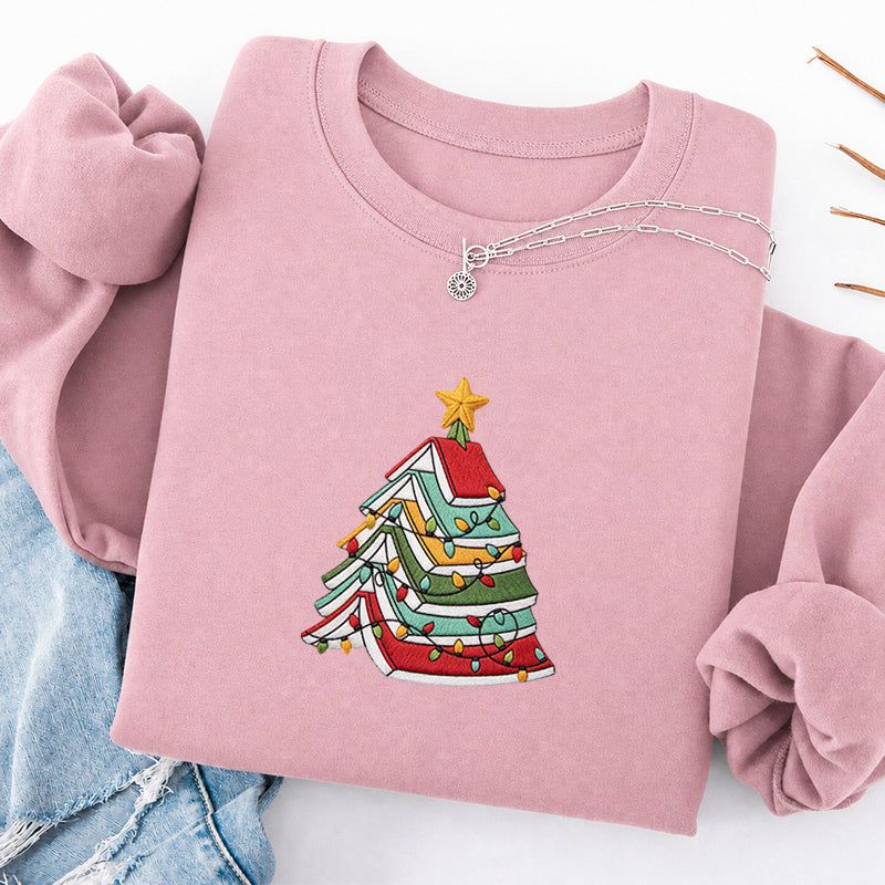 Embroidered Book Christmas Tree Classic Crewneck Sweatshirt
