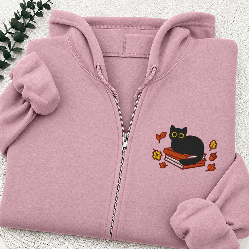 Embroidered Autumn Black Cat Book Classic Adult Unisex Full Zip Hoodie