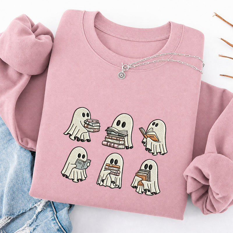 Embroidered Halloween Ghost Reading Classic Crewneck Sweatshirt