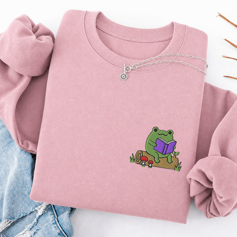 Embroidered Cute Reading Frog Classic Crewneck Sweatshirt