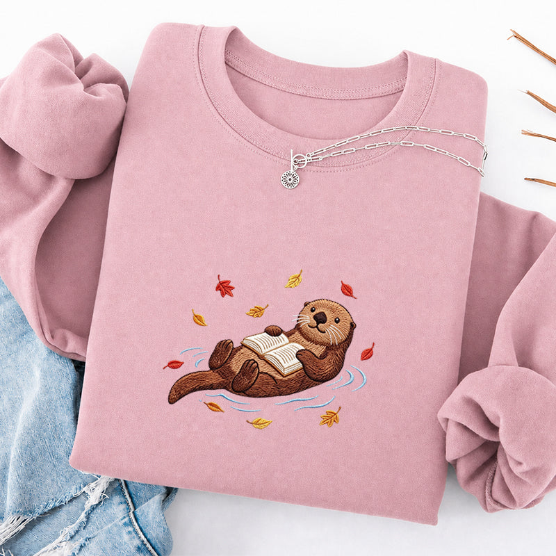 Embroidered Otter Reading Book Classic Crewneck Sweatshirt