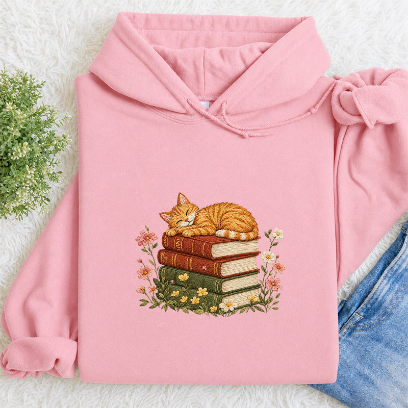Embroidered Cat Sleeping On Books Classic Adult Unisex Hoodie