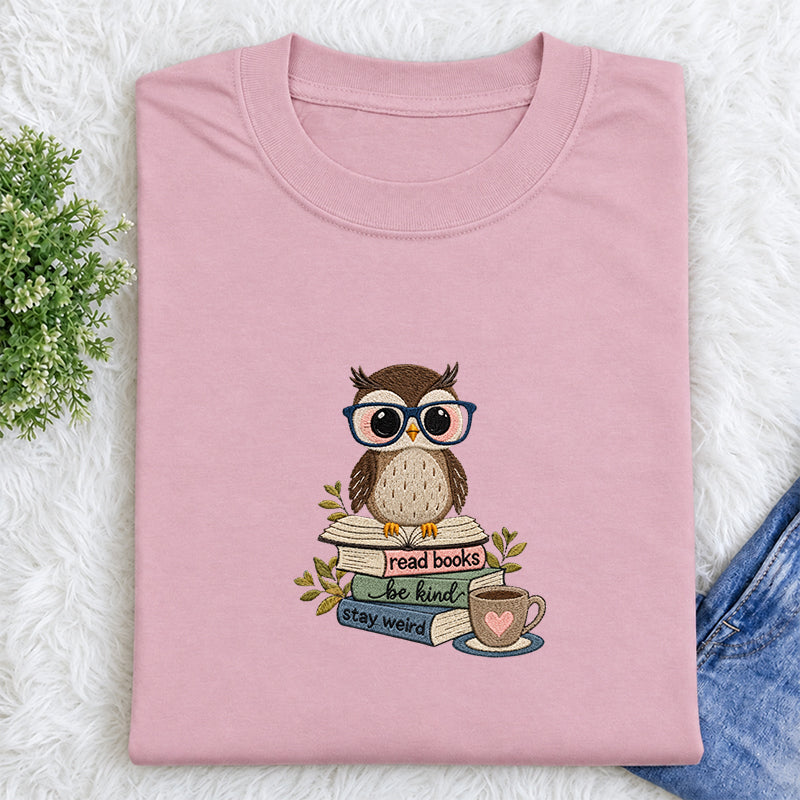 Embroidered Read Books Be Kind Owl Classic Crew Neck T-Shirt