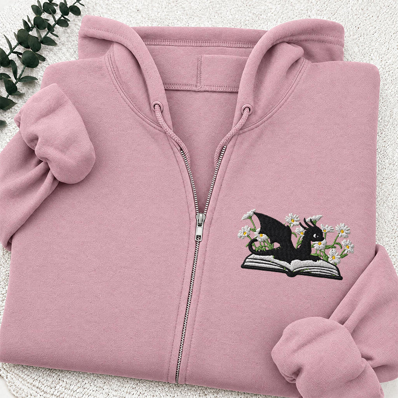 Embroidered Floral Dragon Book Classic Full Zip Hoodie