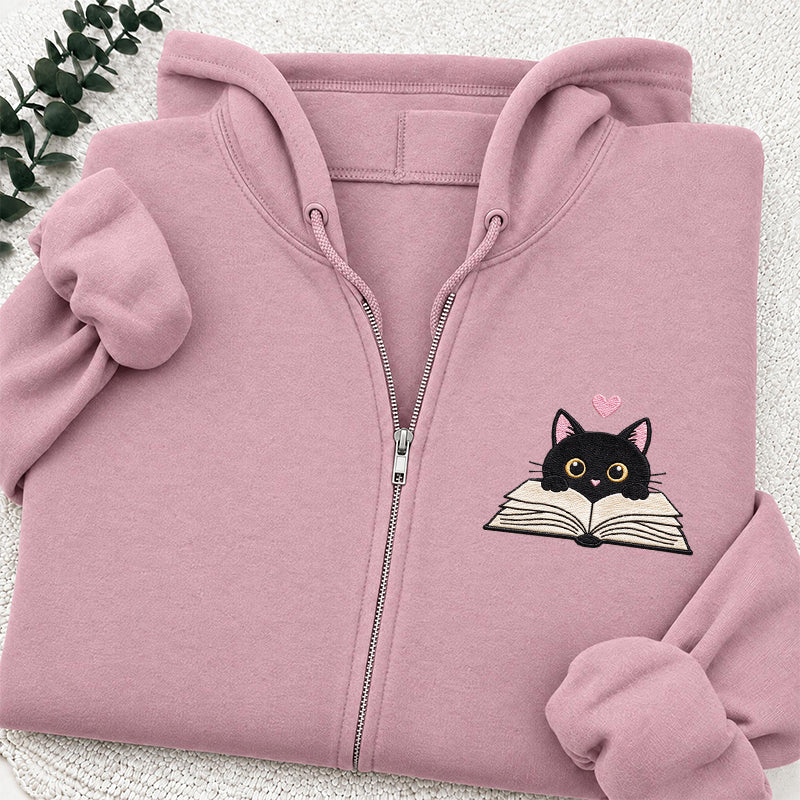 Embroidered Reading Black Cat Classic Adult Unisex Full Zip Hoodie