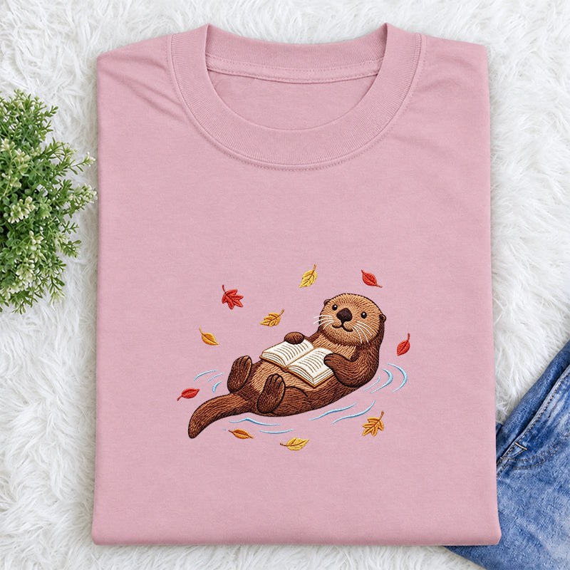 Embroidered Otter Reading Book Classic Crew Neck T-Shirt