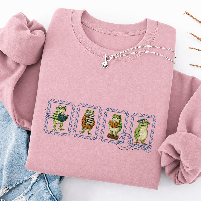 Embroidered Bookish Frog Stamp Classic Crewneck Sweatshirt