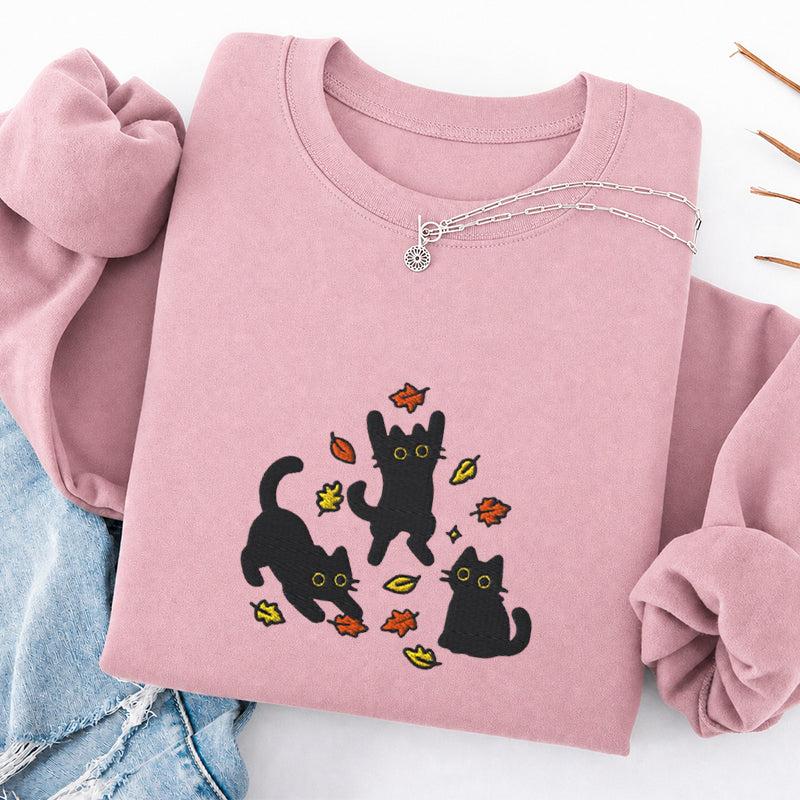 Embroidered Black Cats Fall Leaves Classic Crewneck Sweatshirt