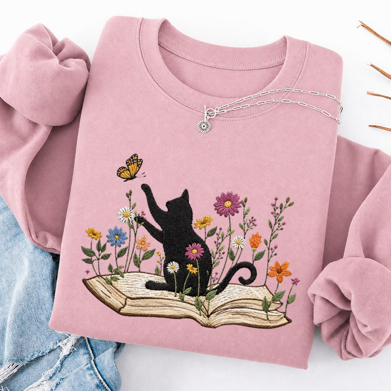 Embroidered Floral Book Cat Classic Crewneck Sweatshirt