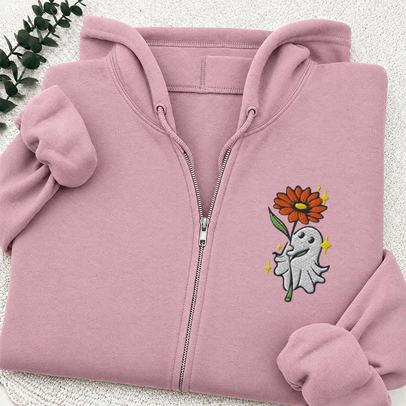 Embroidered Ghost Holding a Flower Classic Adult Unisex Full Zip Hoodie