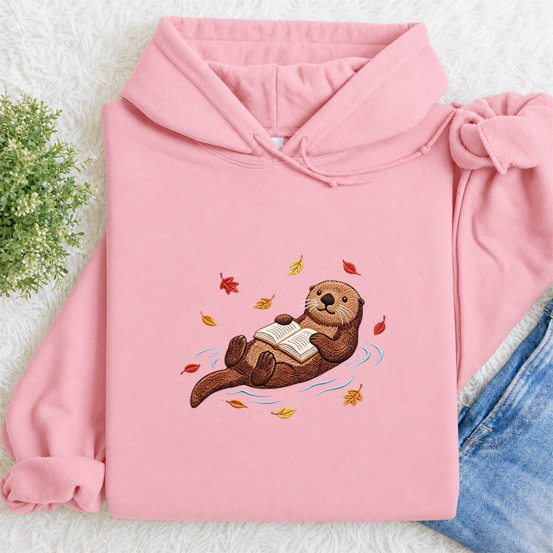 Embroidered Otter Reading Books Classic Adult Unisex Hoodie