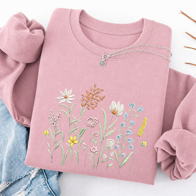 Embroidered Cute Wildflowers Classic Crewneck Sweatshirt