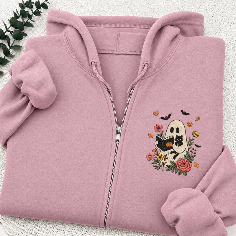 Embroidered Floral Ghost Reading Classic Full Zip Hoodie