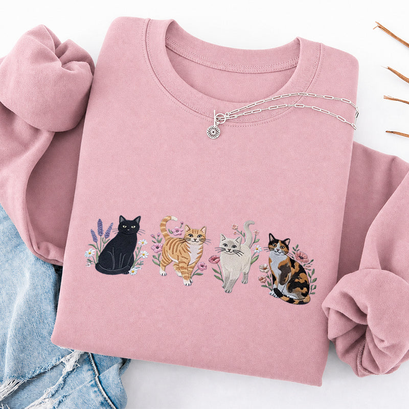 Embroidered Cats And Flowers Classic Crewneck Sweatshirt