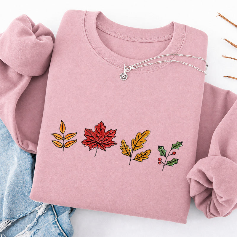 Embroidered Colorful Fall Leaves Classic Crewneck Sweatshirt