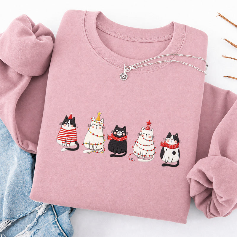 Embroidered Cute Cat Christmas Classic Crewneck Sweatshirt