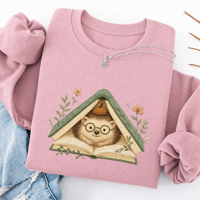 Embroidered Hedgehog Book Flower Classic Crewneck Sweatshirt