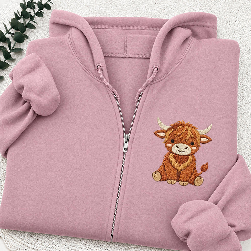 Embroidered Highland Cow Classic Full Zip Hoodie