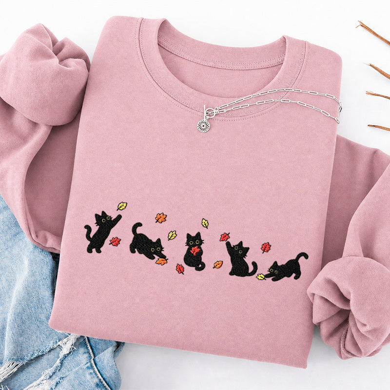 Embroidered Autumn Leaves Black Cats Classic Crewneck Sweatshirt
