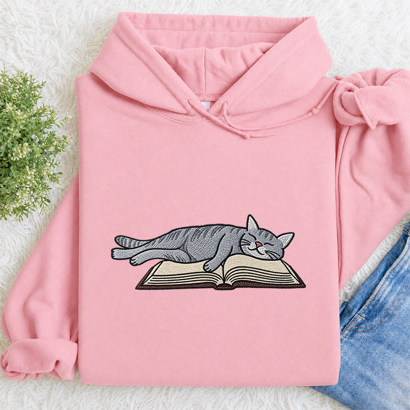 Embroidered Cat Sleeping On Book Classic Adult Unisex Hoodie