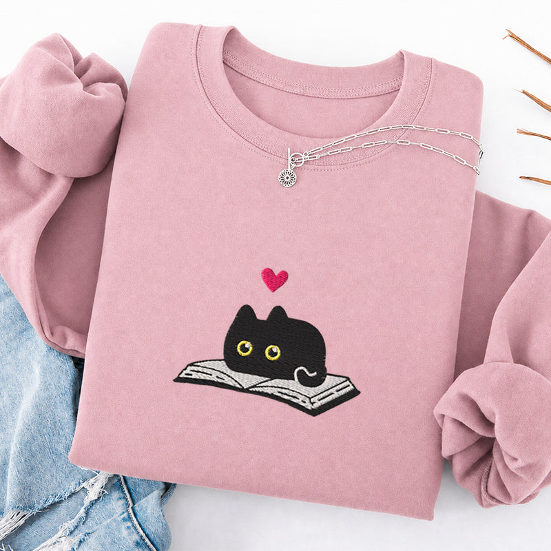Embroidered Black Cat And Book Classic Crewneck Sweatshirt